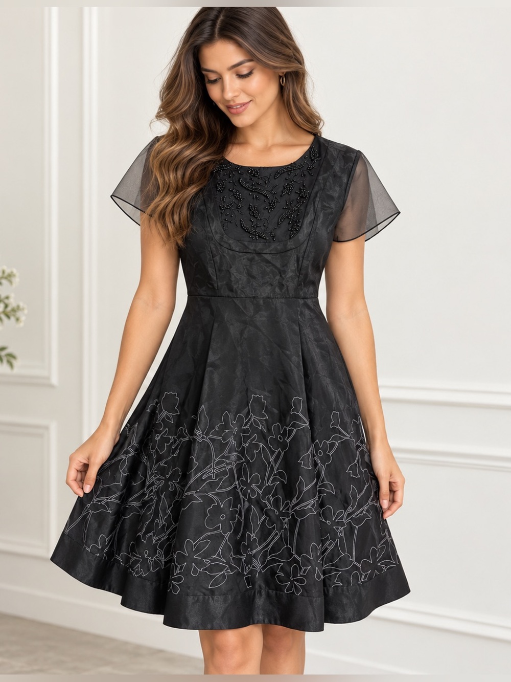 SB Sachin & Babi Embroidered A-Line Dress Sheer Sleeves Beaded Floral Vintage